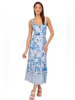 NWT ADRIANNA PAPELL SIZE 2 BLUE FLORAL SWEETHEART NECKLINE SMOCKED BACK W/ZIPPER
